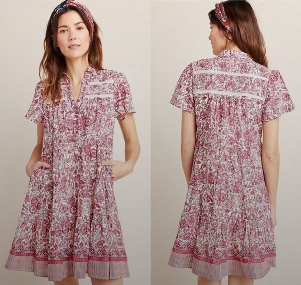 Anthropologie Georgina Tiered Shirtdress XS P XSP Short Sleeve Lace Pockets